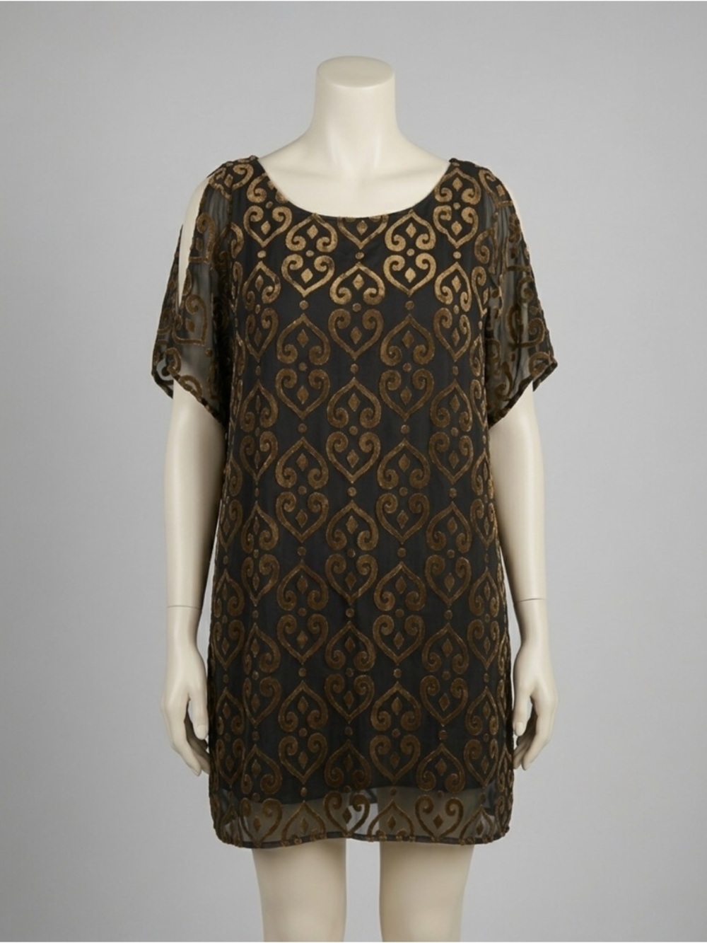 BB Dakota Velvet Burnout Heart Cold Shoulder Shift Mini Dress Black Gold Size XS